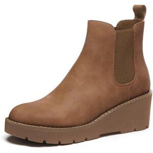 Athlefit Women Brown Chelsea Wedge Platform Slip on Lug Sole Elastic Ankle Boot